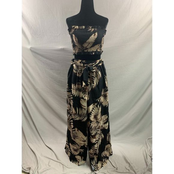 Brown/ Black Tropical Print Tube Top & Wide Leg Pants - Picture 5 of 7